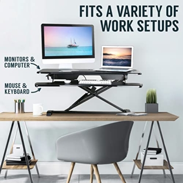 TechOrbits Standing Desk Converter - 37 Inch Adjustable Sit to Stand Up Desk Workstation, MDF Wood, Ergonomic Desk Riser with Keyboard Tray, Desktop Riser for Home Office Computer Laptop, White 37"