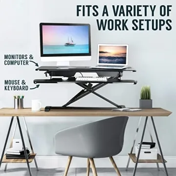 TechOrbits Standing Desk Converter - 37 Inch Adjustable Sit to Stand Up Desk Workstation, MDF Wood, Ergonomic Desk Riser with Keyboard Tray, Desktop Riser for Home Office Computer Laptop, White 37"