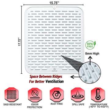 STARCONE Silicone Dish Drying Mat- Flexible Large White 18"x16" 8mm High Ridges Mat Food Grade Safe Eco-Friendly Heat Resistant Non-Slip Fastest Drying Mat for Bathroom Kitchen Counter
