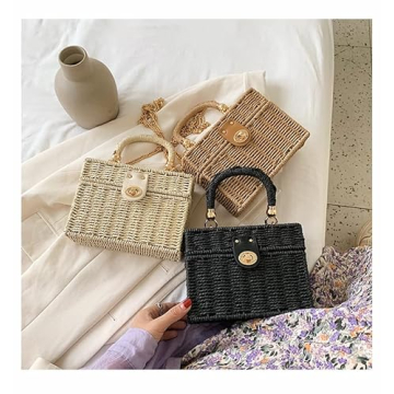 Handwoven Rattan vintage purse Bag Natural Chic Casual Handbag Beach Sea tote Basket Straw vacation Bag (Brown)