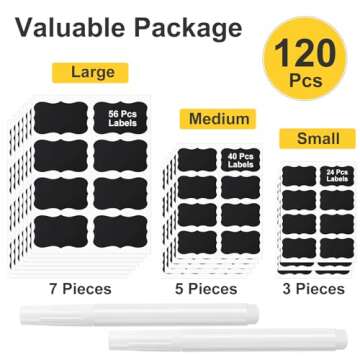 JEFURE 120 Pcs Chalkboard Labels for Storage Bins, Chalk Labels for Containers, Waterproof Mason Jar Labels, Reusable Chalk Labels for Mason Jar, Parties Decoration, Weddings, 2 Liquid Chalk Markers