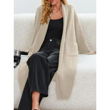 Saodimallsu Womens Open Front Long Cardigan Sweaters Oversized Chunky Fuzzy Lapel Fall 2024 Trendy Duster Sweater Coats Khaki