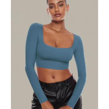 Natrelax Long Sleeve Square Neck Crop Top for Women
