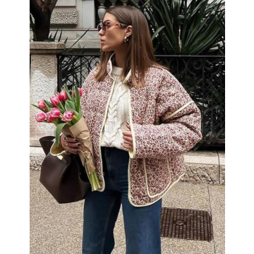 Wyeysyt Women's Cropped Floral Puffer Jacket Lightweight