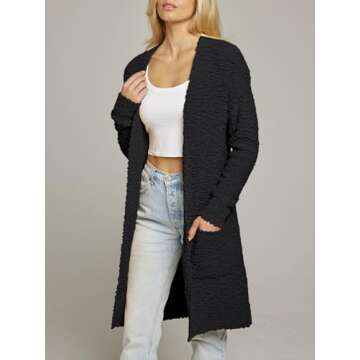 MEROKEETY Women's Long Sleeve Soft Chunky Knit Sweater Open Front Cardigan Outwear with Pockets,Black,Large