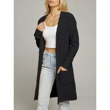 MEROKEETY Women's Long Sleeve Soft Chunky Knit Sweater Open Front Cardigan Outwear with Pockets,Black,Large