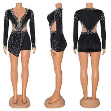 Womens Sexy Rhinestones Pearls Bodycon Party Jumpsuit