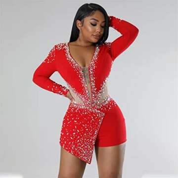 Womens Sexy Rhinestones Pearls Bodycon Party Jumpsuit