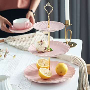 Sweejar 3 Tier Ceramic Cake Stand Wedding, Dessert Cupcake Stand for Tea Party Serving Platter (Pink...