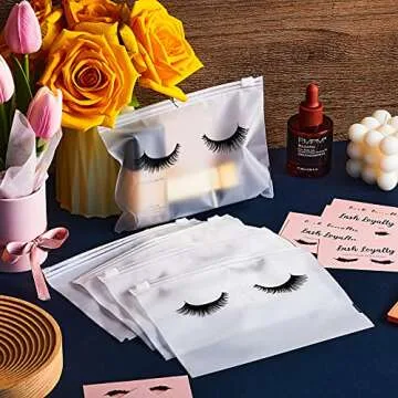 Tenare 50 Pieces Eyelash Bags Lash Bags For Clients Eyelash Aftercare Bags Eyelash Makeup Bags with Zipper for Women Girls (White Simple Style,7 x 5 Inch)