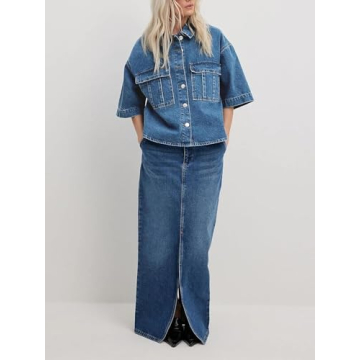 Imily Bela Womens Cropped Denim Jackets Oversized Fall Casual Short Sleeve Jean Shirts Shackets with Pockets