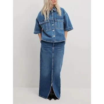 Imily Bela Womens Cropped Denim Jackets Oversized Fall Casual Short Sleeve Jean Shirts Shackets with Pockets