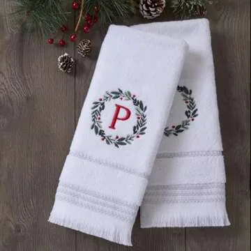 SKL Home Christmas/Winter Wreath Monogram Hand Towel P 2pc Set for Bath/Kitchen/Bar & Gift, White