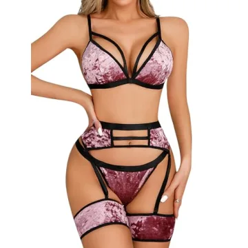 popiv Women's Sexy Lingerie Set with Garter Belt Matching Bra and Panty Lingeries Sets 4 Piece