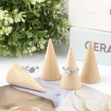AUEAR, 10 Pack Wood Cone Ring Holder Finger Jewelry Display Stand DIY Craft Wooden (Natural, Vertica...