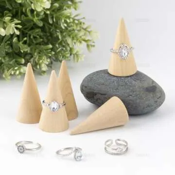 AUEAR, 10 Pack Wood Cone Ring Holder Finger Jewelry Display Stand DIY Craft Wooden (Natural, Vertical Shaped)