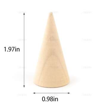 AUEAR, 10 Pack Wood Cone Ring Holder Finger Jewelry Display Stand DIY Craft Wooden (Natural, Vertical Shaped)