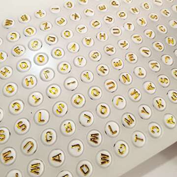 Amaney 1000 Pieces 7×4mm White Round Acrylic with Gold Alphabet Letter Beads for Jewelry Making Bracelets Necklaces Key Chains