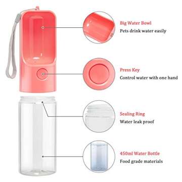 Esing Dog Water Bottle Dispenser,Water Bottle for Dogs,Portable Dog Water Bottles for Walking Travel Pet Doggie Drinking Cup 15oz (Pink)