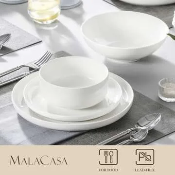 MALACASA Plates and Bowls Sets, 24 Pieces Modern Porcelain Dinnerware Set for 6 Ceramic Dishware Dishes White Kitchen Dinner Dining Ware Set Microwave and Dishwasher Safe, Series LUNA