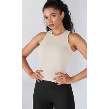 ODODOS 3-Pack Seamless Tank for Women Rib-Knit Soft Sleeveless High Neck Tank Tops, Waist Length, Ivory+Dusty Blue+Sphinx, X-Large/XX-Large