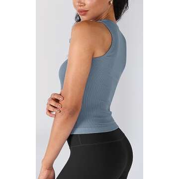 ODODOS 3-Pack Seamless Tank for Women Rib-Knit Soft Sleeveless High Neck Tank Tops, Waist Length, Ivory+Dusty Blue+Sphinx, X-Large/XX-Large