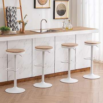 Kidol & Shellder Bar Stools Set of 2 White,Wooden Seat Counter Stools,Swivel Adjustable Barstools,8 Mins Quick Assembly,Loads Up to 300lbs