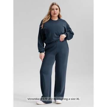 ODODOS Women's Modal Soft Wide Leg Pants with Pockets Adjustable Shockcord High Waist Casual Lounge Pants-29 Inseam, Navy, Medium