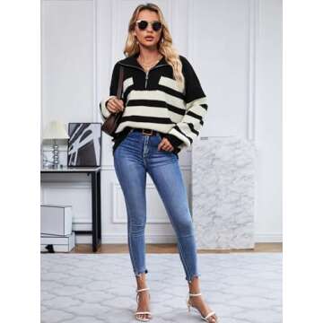 SuperPrity Womens Sweaters Oversized Striped Quarter Zip Long Sleeve V Neck Knit Pullover Tops 2024 ...