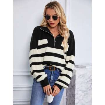 Stylish Oversized Striped Quarter Zip Pullover Sweater