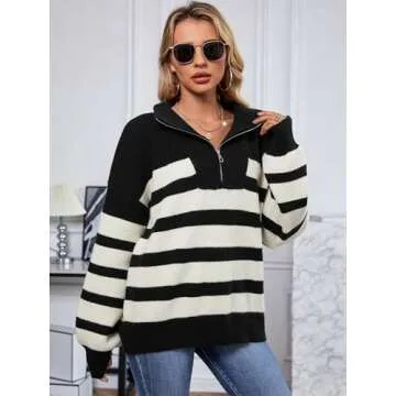 Stylish Oversized Striped Quarter Zip Pullover Sweater