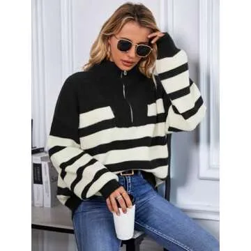 Stylish Oversized Striped Quarter Zip Pullover Sweater