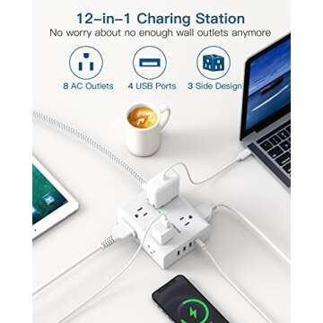 Extension Cord 6 Ft, Surge Protector Power Strip - 8 Widely Outlets 4 USB Ports 10 Ft Long Cord, Fla...