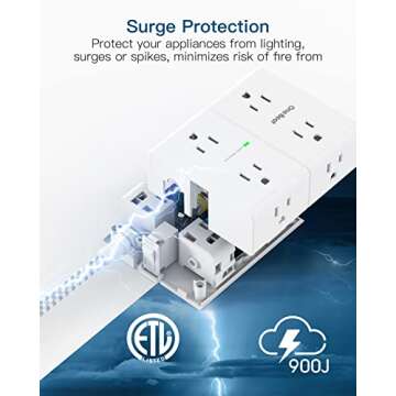 Extension Cord 6 Ft, Surge Protector Power Strip - 8 Widely Outlets 4 USB Ports 10 Ft Long Cord, Flat Plug, Wall Mount, 3-Side Outlet Extender Overload Protect for Home Office Dorm