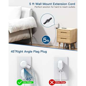 Extension Cord 6 Ft, Surge Protector Power Strip - 8 Widely Outlets 4 USB Ports 10 Ft Long Cord, Flat Plug, Wall Mount, 3-Side Outlet Extender Overload Protect for Home Office Dorm