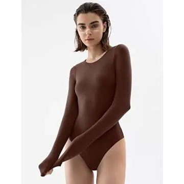 PUMIEY Long Sleeve Bodysuit For Women Sexy Crew Neck Tops Brown Body Suits Womens Fashion Bodysuits Tiramisu X-Small