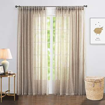LANTIME Brown Semi Sheer Curtains, Faux Linen Double Pleats Window Sheer Curtains Panels Drapery for...