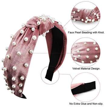 YRYM HT Pearl Headband for Women - 6 Pack Knot Headband with Pearls Wide Headbands Turban Velvet Pearl Headbands for Women and Girls