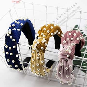 YRYM HT Pearl Headband for Women - 6 Pack Knot Headband with Pearls Wide Headbands Turban Velvet Pearl Headbands for Women and Girls