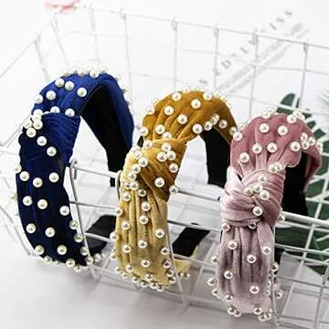 YRYM HT Pearl Headband for Women - 6 Pack Knot Headband with Pearls Wide Headbands Turban Velvet Pearl Headbands for Women and Girls