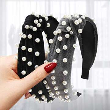 YRYM HT Pearl Headband for Women - 6 Pack Knot Headband with Pearls Wide Headbands Turban Velvet Pearl Headbands for Women and Girls