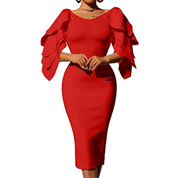 DAAWENXI Women's Elegant Ruffle Off The Shoulder Zipper Empire Midi Cocktail Dress in Red