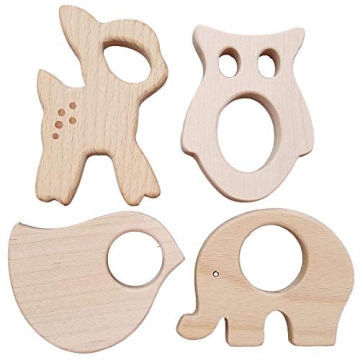 Natural wooden baby teether toys 4pk forest animal set and classic baby rattles, Fine motor Developm...
