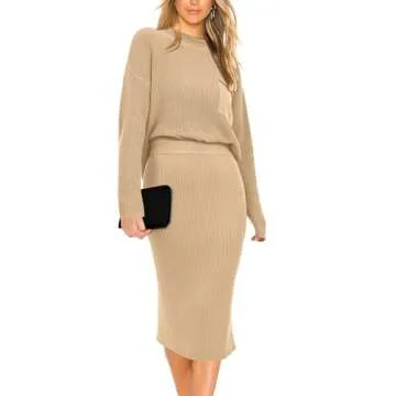 PRETTYGARDEN Womens 2024 Fall Two Piece Outfits Ribbed Knit Long Sleeve Pullover Sweater and Bodycon Midi Skirt Sets (Light Khaki,Medium)