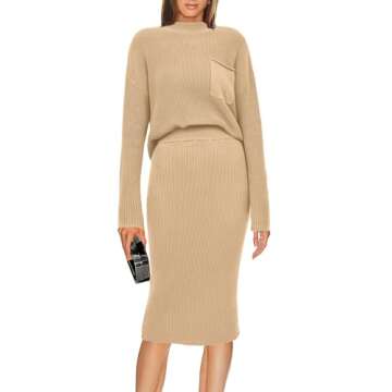 PRETTYGARDEN Womens 2024 Fall Two Piece Outfits Ribbed Knit Long Sleeve Pullover Sweater and Bodycon Midi Skirt Sets (Light Khaki,Medium)
