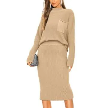 PRETTYGARDEN Womens 2024 Fall Two Piece Outfits Ribbed Knit Long Sleeve Pullover Sweater and Bodycon Midi Skirt Sets (Light Khaki,Medium)