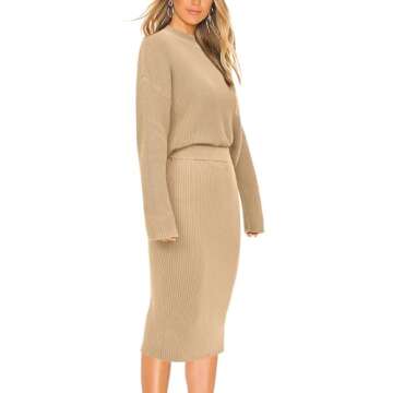 PRETTYGARDEN Womens 2024 Fall Two Piece Outfits Ribbed Knit Long Sleeve Pullover Sweater and Bodycon Midi Skirt Sets (Light Khaki,Medium)
