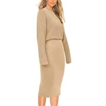 PRETTYGARDEN Womens 2024 Fall Two Piece Outfits Ribbed Knit Long Sleeve Pullover Sweater and Bodycon Midi Skirt Sets (Light Khaki,Medium)