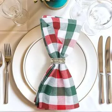 Urban Villa Set of 12 Checkered Dinner Napkins Buffalo Checks Cloth Napkins Red/Green/White Color Checks 100% Cotton Dinner Napkins Size 20x20 Inches Cloth Napkins Hotel Quality Dinner Napkins