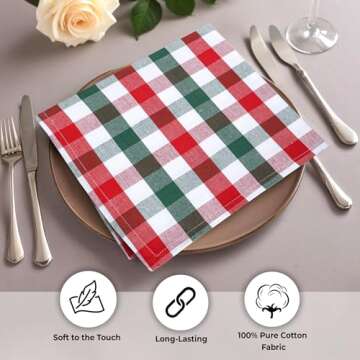 Urban Villa Set of 12 Checkered Dinner Napkins Buffalo Checks Cloth Napkins Red/Green/White Color Checks 100% Cotton Dinner Napkins Size 20x20 Inches Cloth Napkins Hotel Quality Dinner Napkins